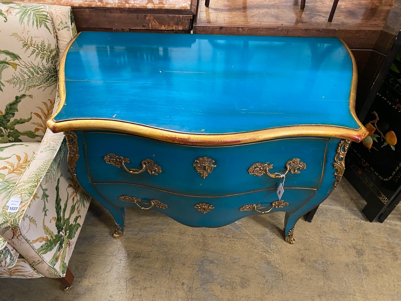 A Louis XV design gilt metal mounted aquamarine lacquered chestnut bombe commode, width 114cm, depth 66cm, height 84cm.